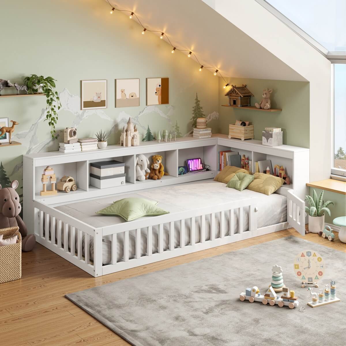 3ft Single Floor Bed Frame with Bookcase & Storage Shelves - Full Floor Bed with Guardrails, Door & USB/Type-C Ports, White
