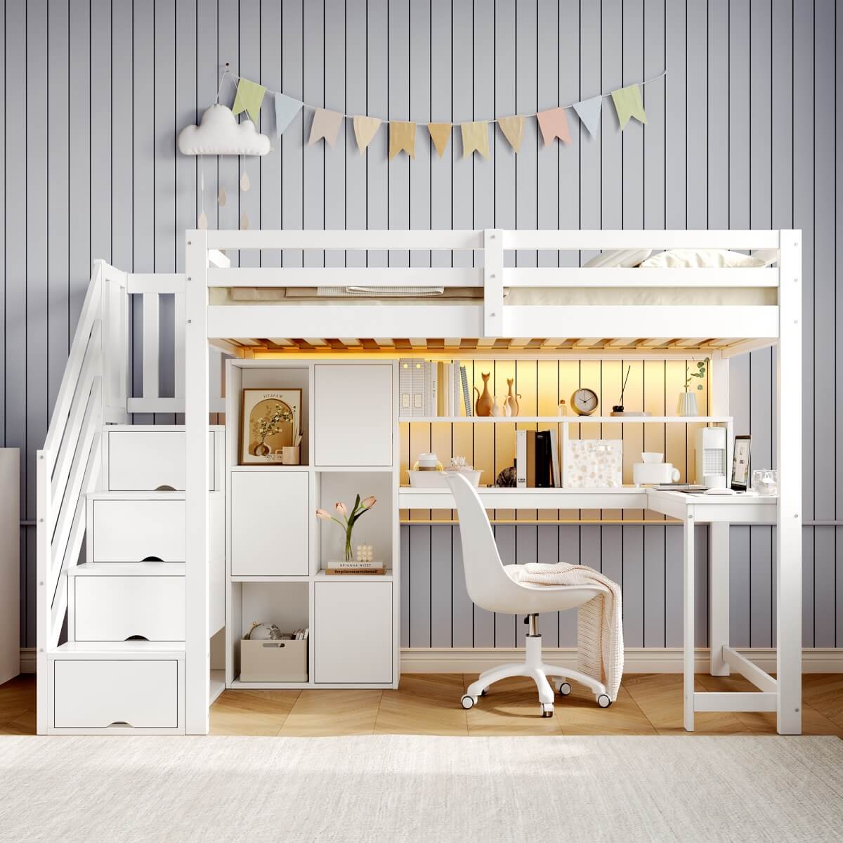 3ft Single Wooden Loft Bed with L-Shaped Desk - Kids Bed Frame with Storage Stairs, RGB LED Lights, Open Shelves and Built-In Storage Cabinet, Space-Saving Design, White