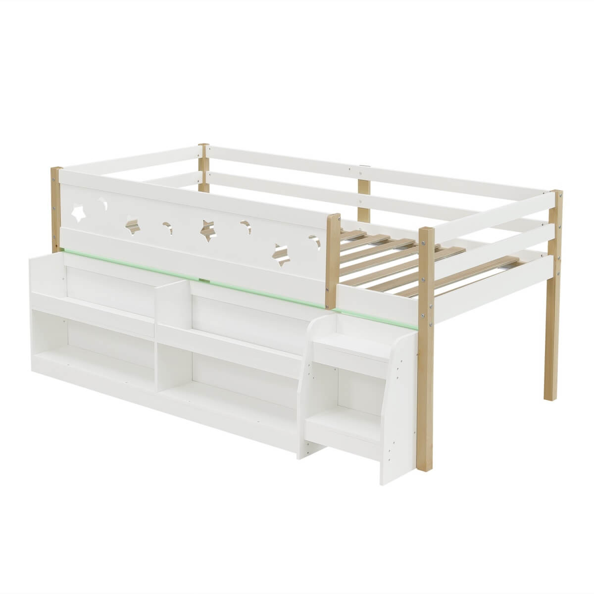 3ft Single Wooden Mid Sleeper Bed with LED Lights - Kids Bed Frame with Storage Stairs, Shelf, Under-Bed Space, Safety Guard Rails and Moon and Star Design, Natural Wood and White