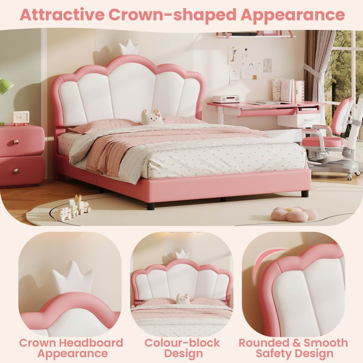 4ft6 Double Upholstered Bed Frame with Adjustable Crown Headboard - PU Platform Bed with Sturdy Support, Easy Assembly, Pink and White