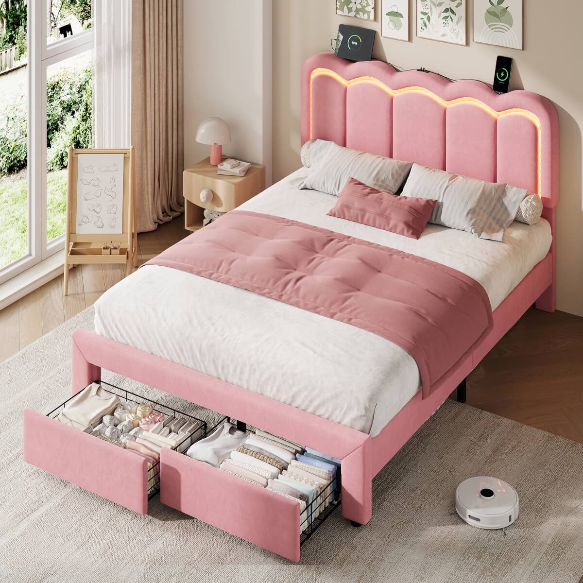4ft6 Double Velvet Bed Frame with LED Wavy Headboard - Upholstered Bed with Storage Drawers, Charging Station, Pink