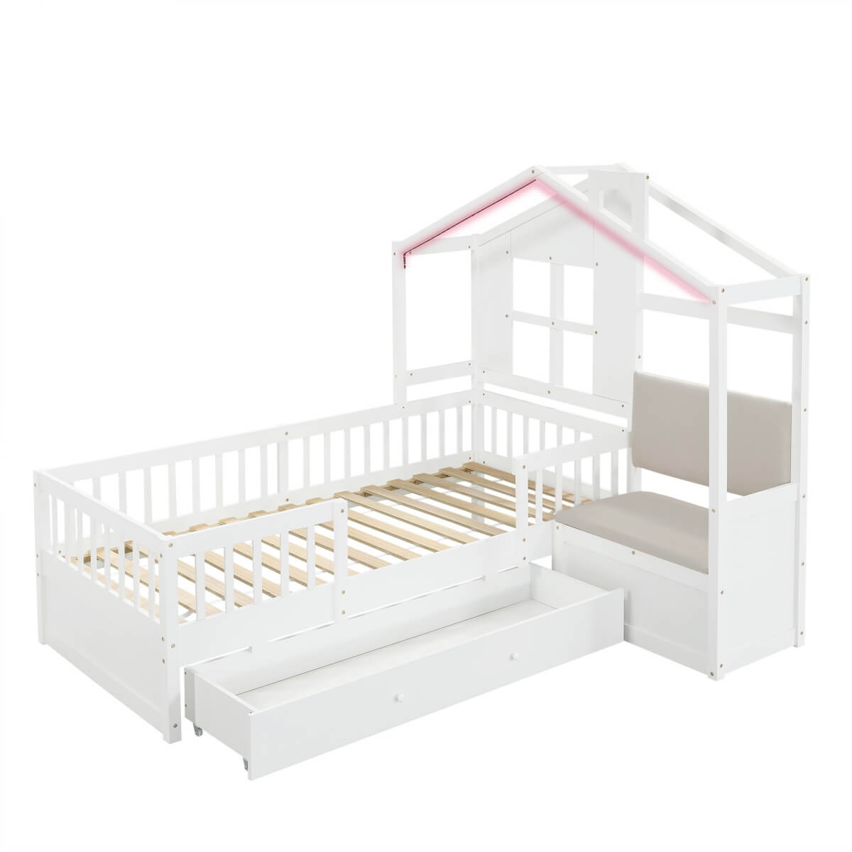 3ft Single Wooden House Bed - Upholstered Linen Headboard, Large Storage Drawer, RGB LED Lights and Safety Guard Rail, White