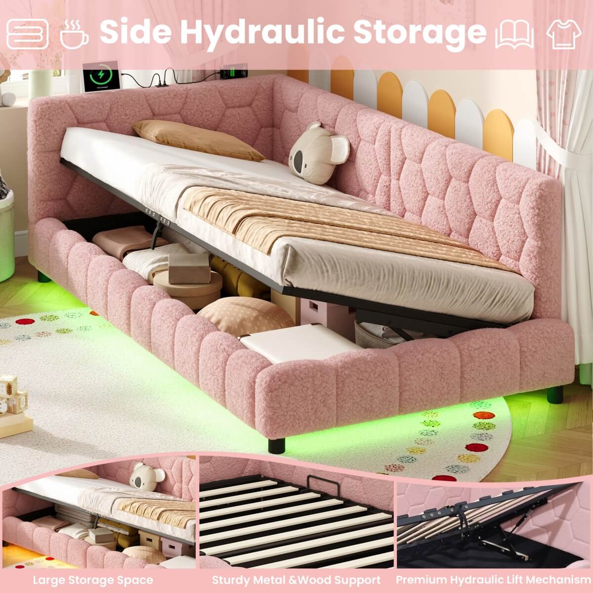 3ft Single Boucle Hydraulic Storage Bed - Side Opening Bed with RGB LED Lights and Charging Station, Pink