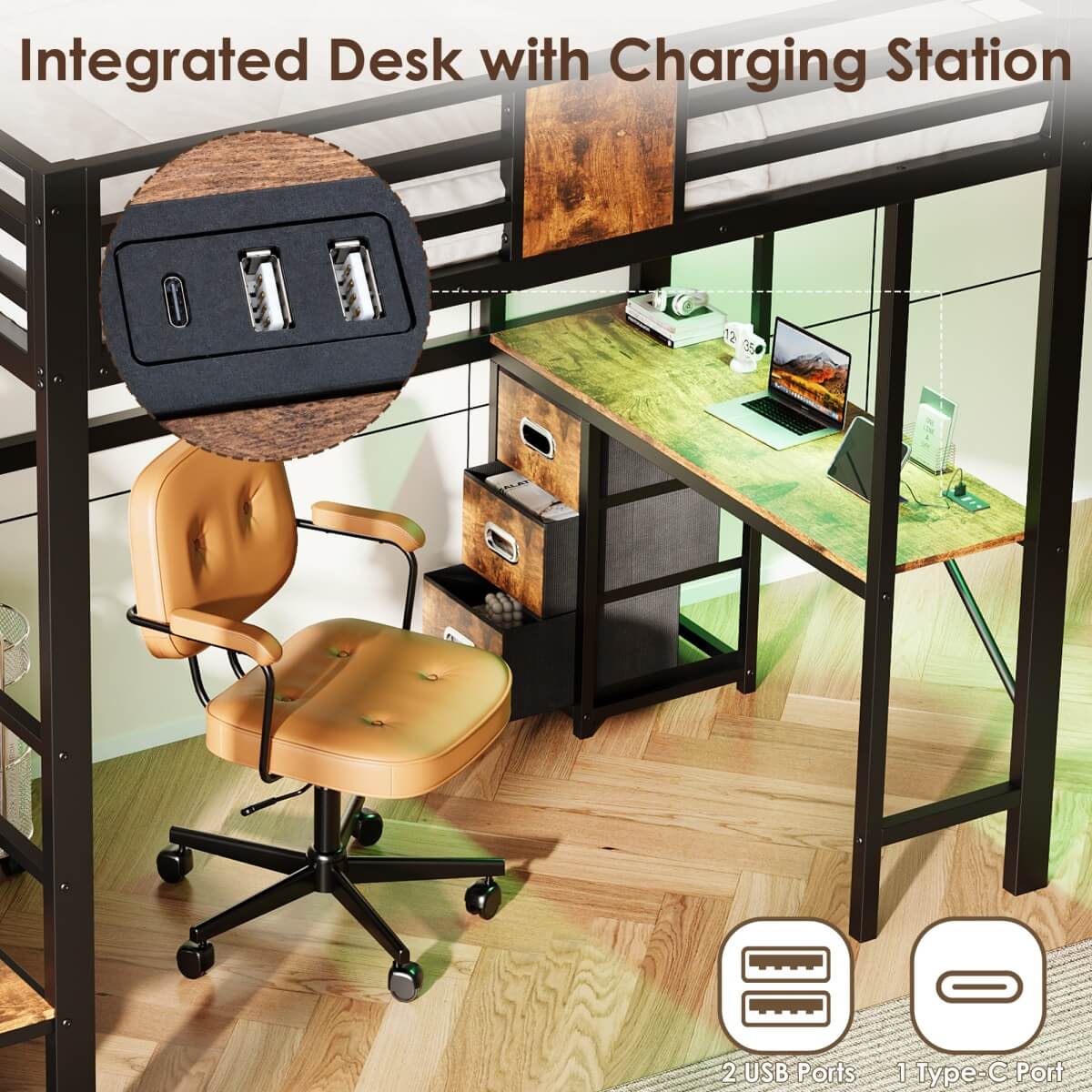 3ft Single Metal Loft Bed with LED Lights - High Sleeper Bed Frame with Built-In Desk, Charging Station, Pull-Out Fabric Storage Bins and Large Under-Bed Space, Black and Dark Walnut