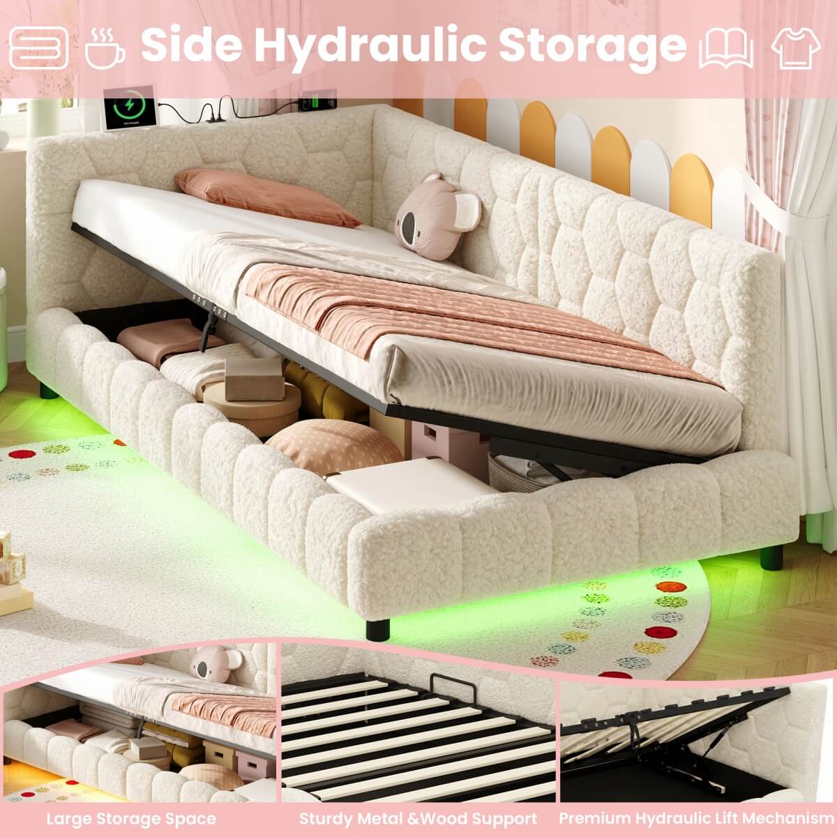 3ft Single Boucle Hydraulic Storage Bed - Side Opening Bed with RGB LED Lights and Charging Station, Beige
