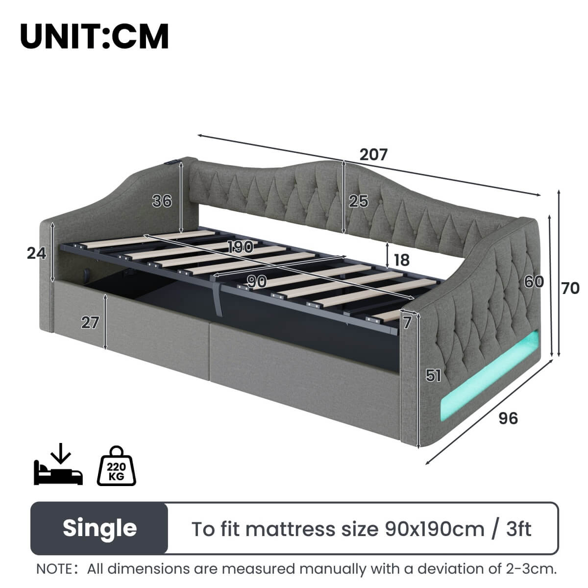 3ft Single Upholstered Ottoman Daybed - Linen Sofa Bed with Hydraulic Storage, Button-Tufted Headboard and Charging Station, Grey