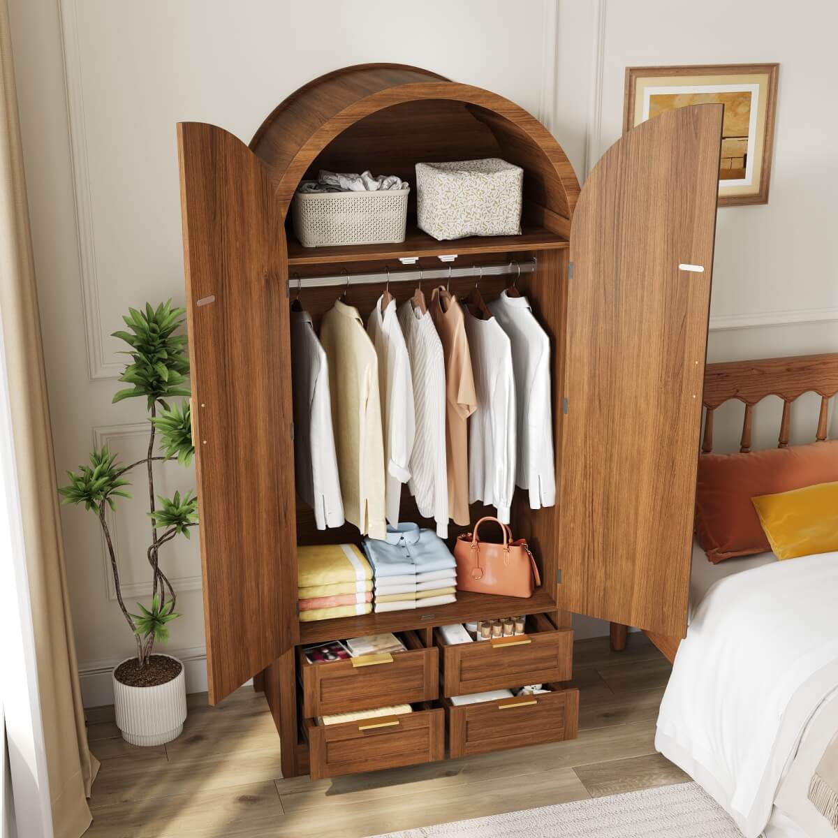 Modern Wardrobe with Curved Doors - Bedroom Storage Cabinet with Hanging Rail and Drawers, Walnut