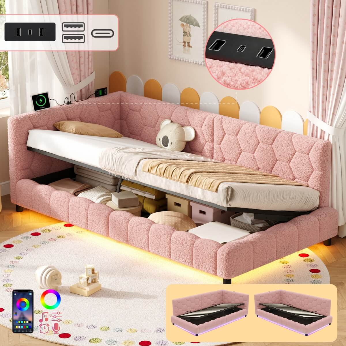 3ft Single Boucle Hydraulic Storage Bed - Side Opening Bed with RGB LED Lights and Charging Station, Pink