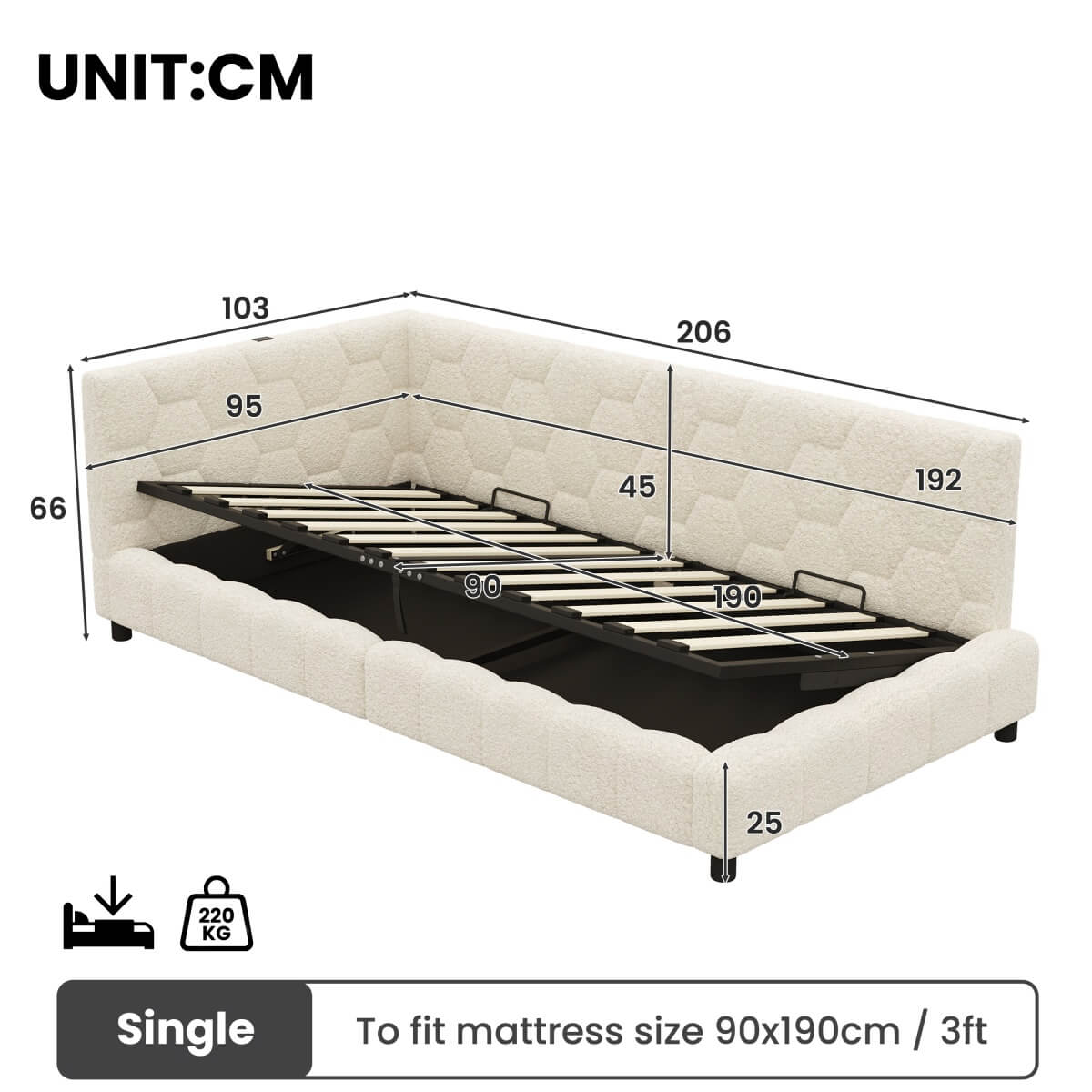 3ft Single Boucle Hydraulic Storage Bed - Side Opening Bed with RGB LED Lights and Charging Station, Beige