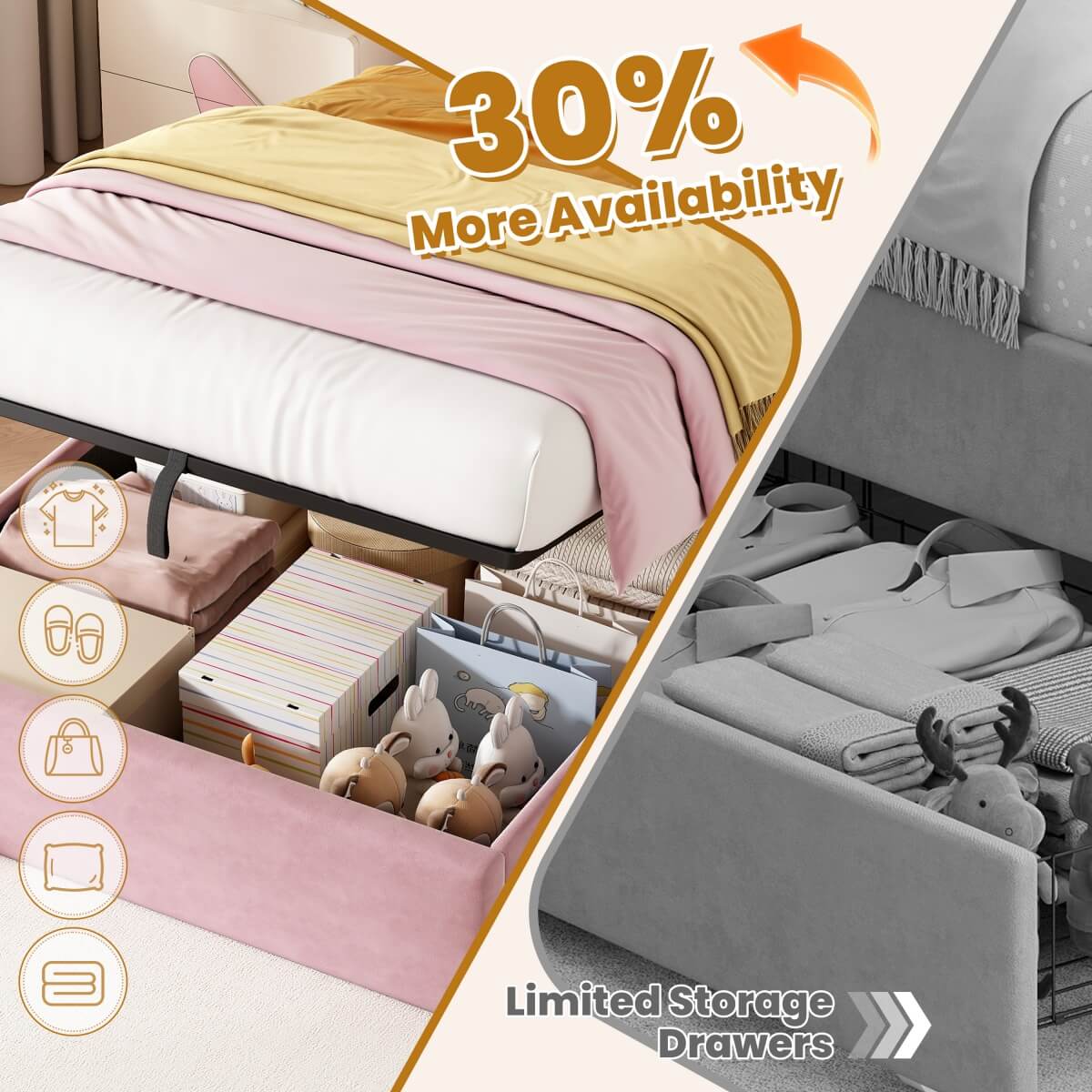 3ft Single Upholstered Storage Bed - Velvet Hydraulic Bed Frame with Rainbow Crown Headboard, Pink