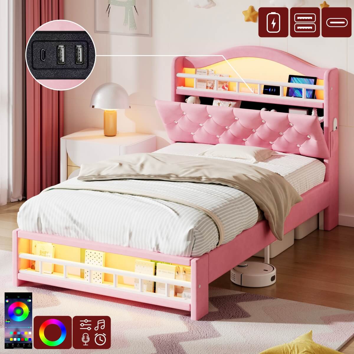 3ft Single Velvet LED Bed with Storage & Charging Station - Upholstered Pink Bed Frame