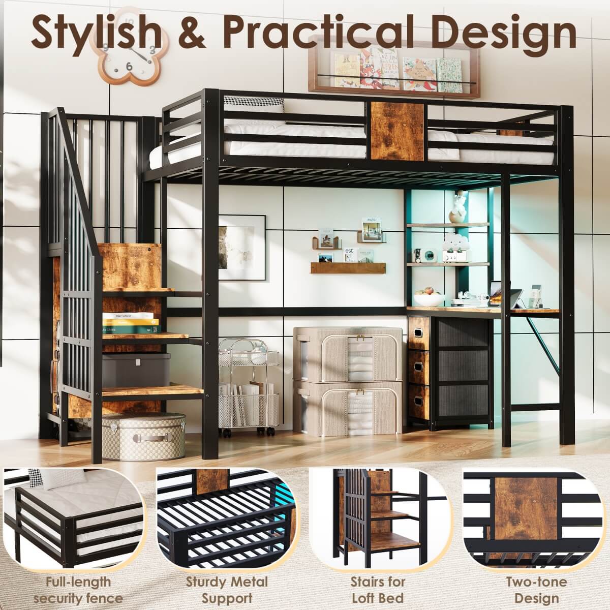 3ft Single Metal Loft Bed with LED Lights - High Sleeper Bed Frame with Built-In Desk, Charging Station, Pull-Out Fabric Storage Bins and Large Under-Bed Space, Black and Dark Walnut
