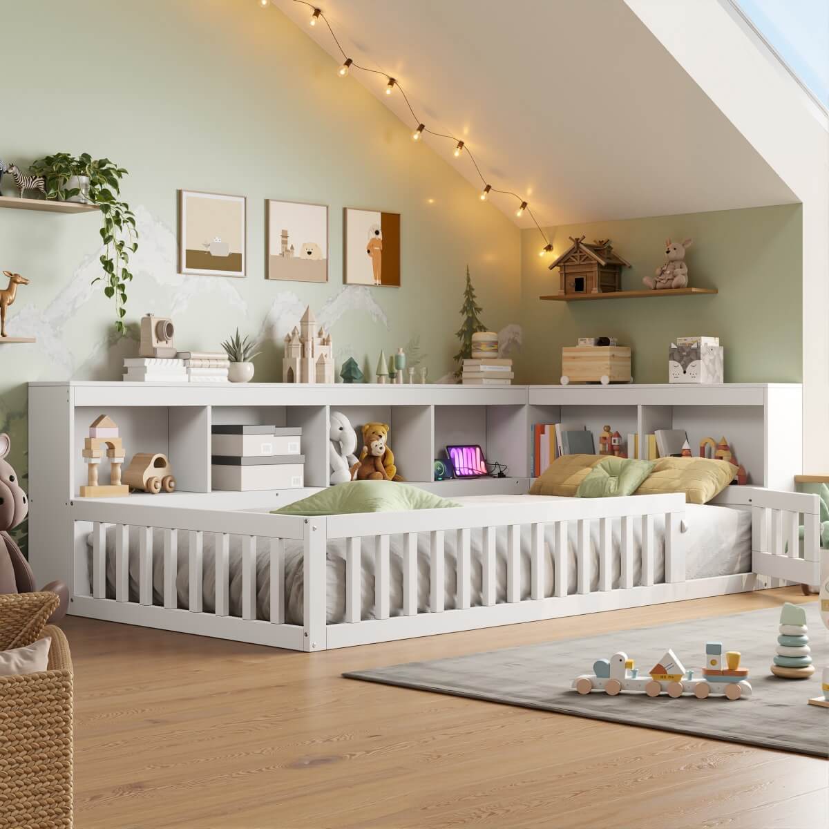 3ft Single Floor Bed Frame with Bookcase & Storage Shelves - Full Floor Bed with Guardrails, Door & USB/Type-C Ports, White