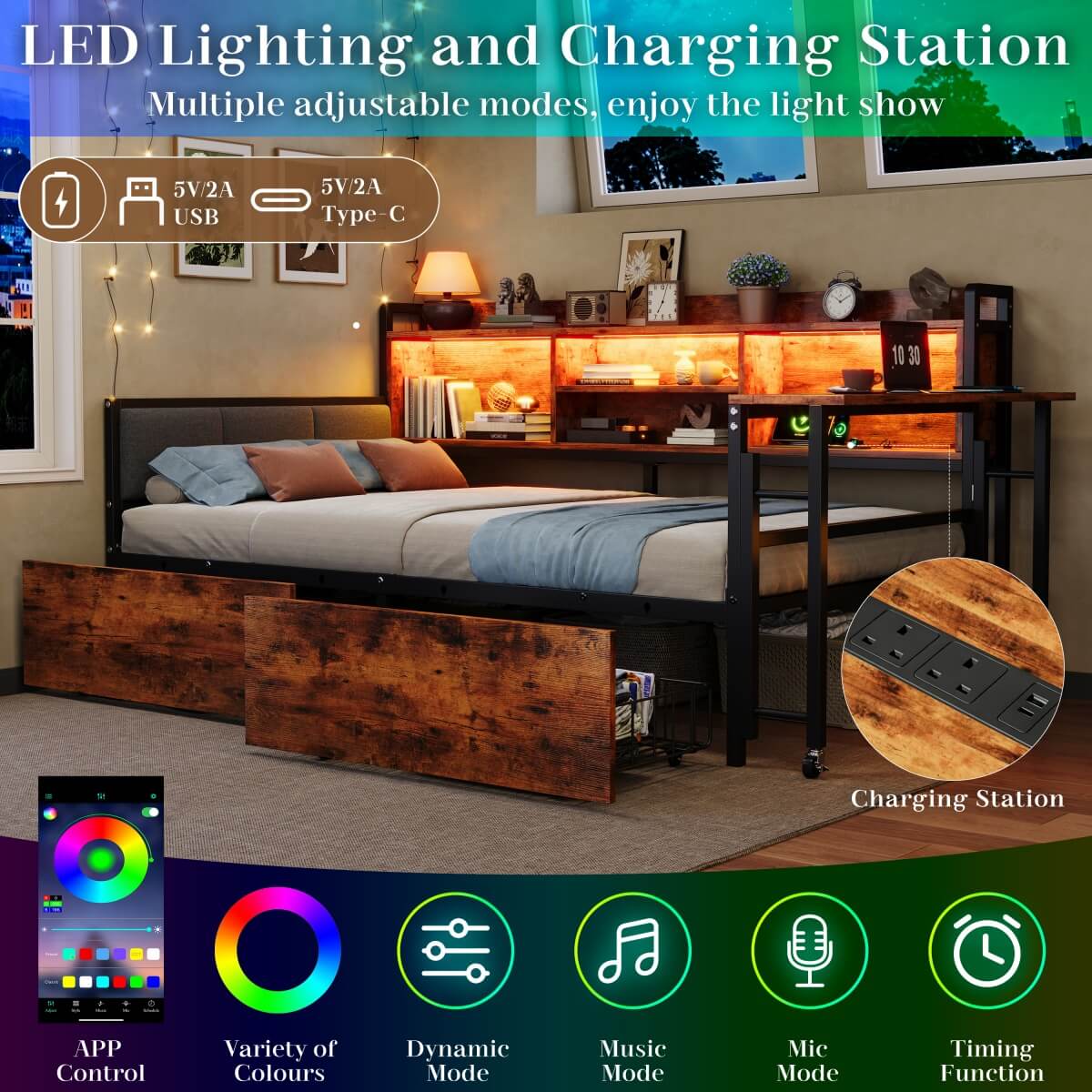 3ft Single Metal Bed Frame with Storage Drawers and Bookcase - L-Shaped Storage Bed with LED Lights, Charging Station, Linen Headboard and Folding Tabletop, Black and Dark Walnut