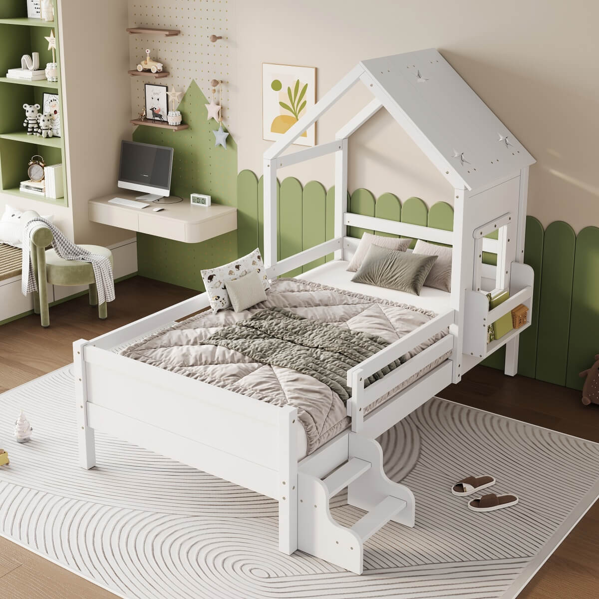 3ft Single Wooden House Bed - Star-Shaped Roof, Low-Level Stairs, Window and Built-In Bookcase, White