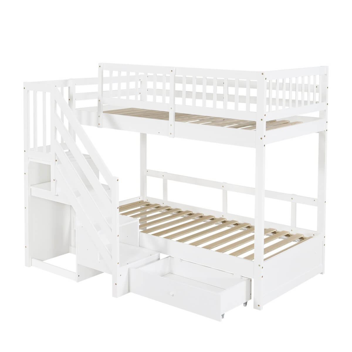 3ft Single over Single Wooden Bunk Bed - Storage Staircase with Open Compartments, Drawer Storage and Full-Length Safety Guard Rails, White