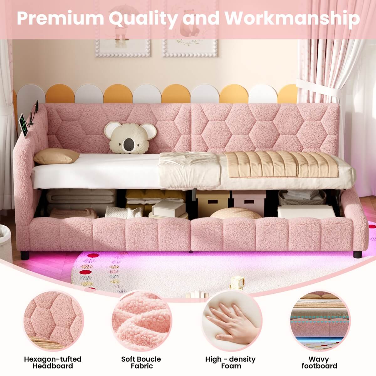 3ft Single Boucle Hydraulic Storage Bed - Side Opening Bed with RGB LED Lights and Charging Station, Pink