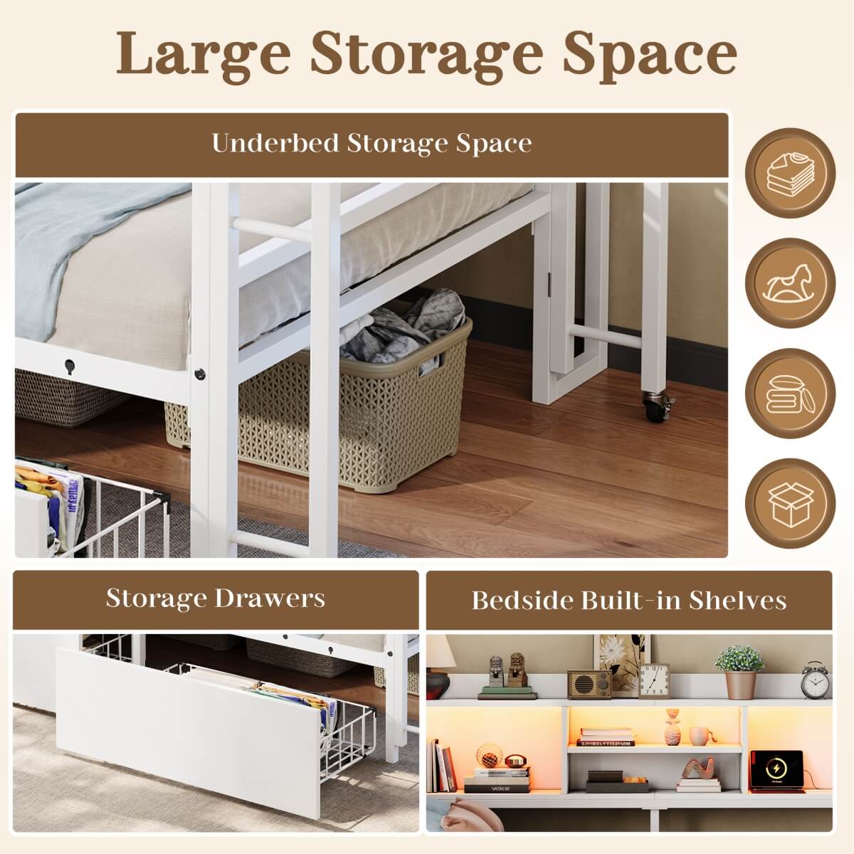 3ft Single Metal Bed Frame with Storage Drawers and Bookcase - L-Shaped Storage Bed with LED Lights, Charging Station, Linen Headboard and 90-Degree Folding Table, White
