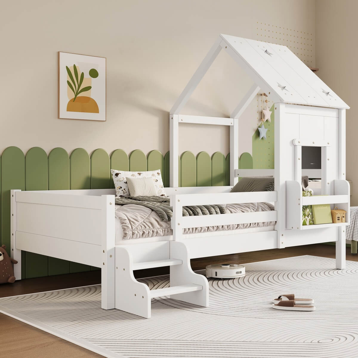 3ft Single Wooden House Bed - Star-Shaped Roof, Low-Level Stairs, Window and Built-In Bookcase, White