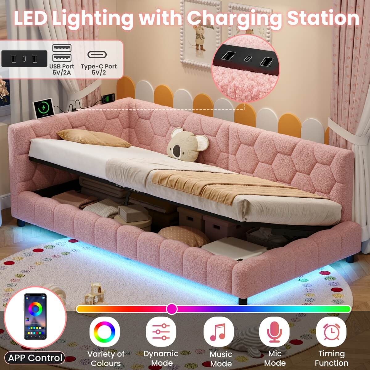 3ft Single Boucle Hydraulic Storage Bed - Side Opening Bed with RGB LED Lights and Charging Station, Pink