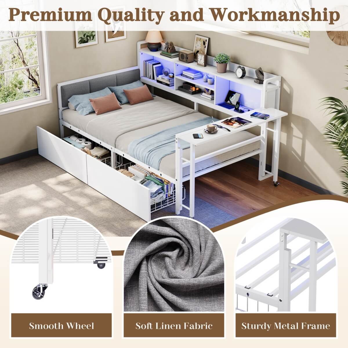 3ft Single Metal Bed Frame with Storage Drawers and Bookcase - L-Shaped Storage Bed with LED Lights, Charging Station, Linen Headboard and 90-Degree Folding Table, White