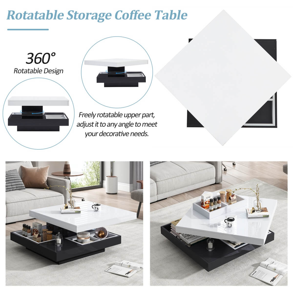 360° Rotating Coffee Table – High Gloss Storage Table with Compartments, Marble Effect
