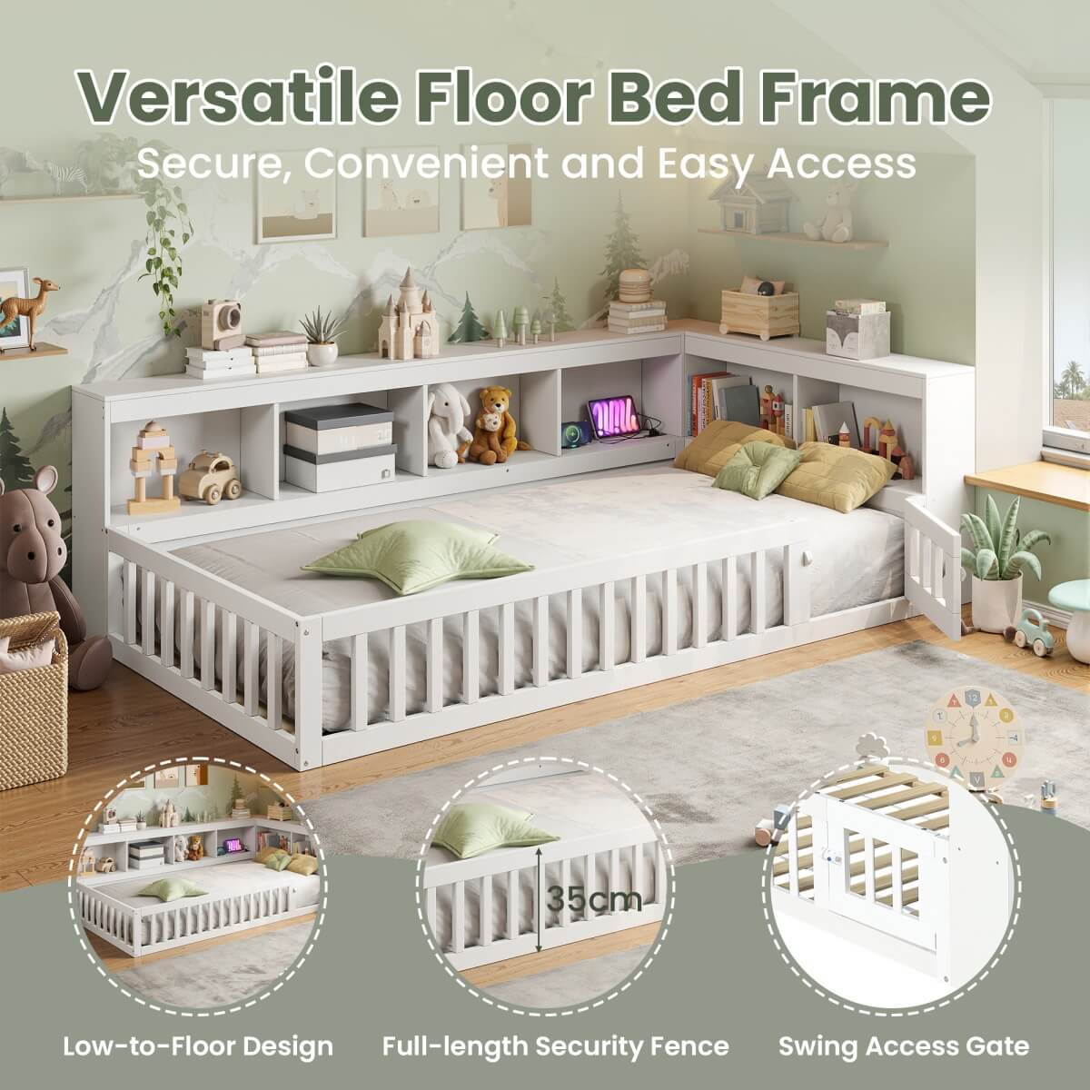 3ft Single Floor Bed Frame with Bookcase & Storage Shelves - Full Floor Bed with Guardrails, Door & USB/Type-C Ports, White