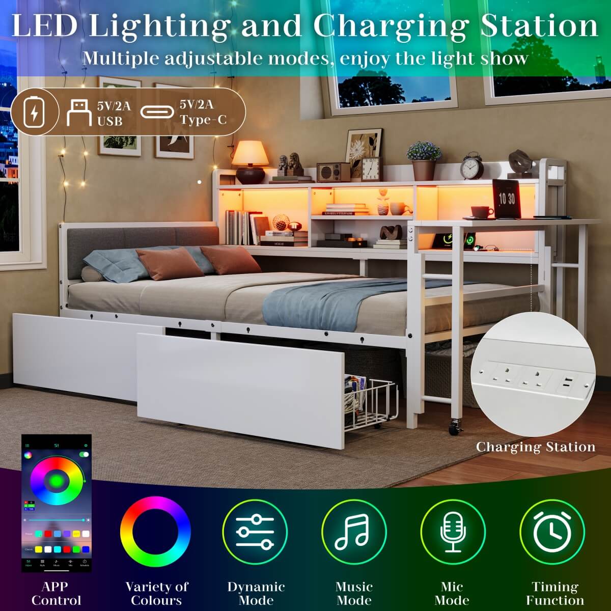 3ft Single Metal Bed Frame with Storage Drawers and Bookcase - L-Shaped Storage Bed with LED Lights, Charging Station, Linen Headboard and 90-Degree Folding Table, White