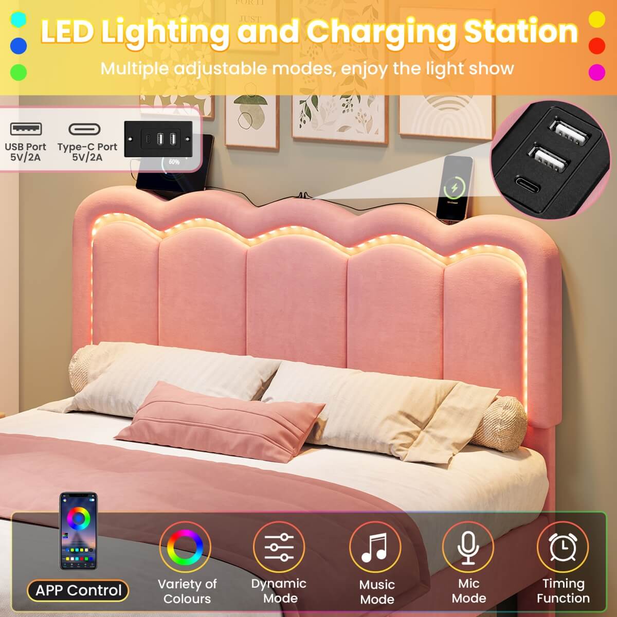 4ft6 Double Velvet Bed Frame with LED Wavy Headboard - Upholstered Bed with Storage Drawers, Charging Station, Pink