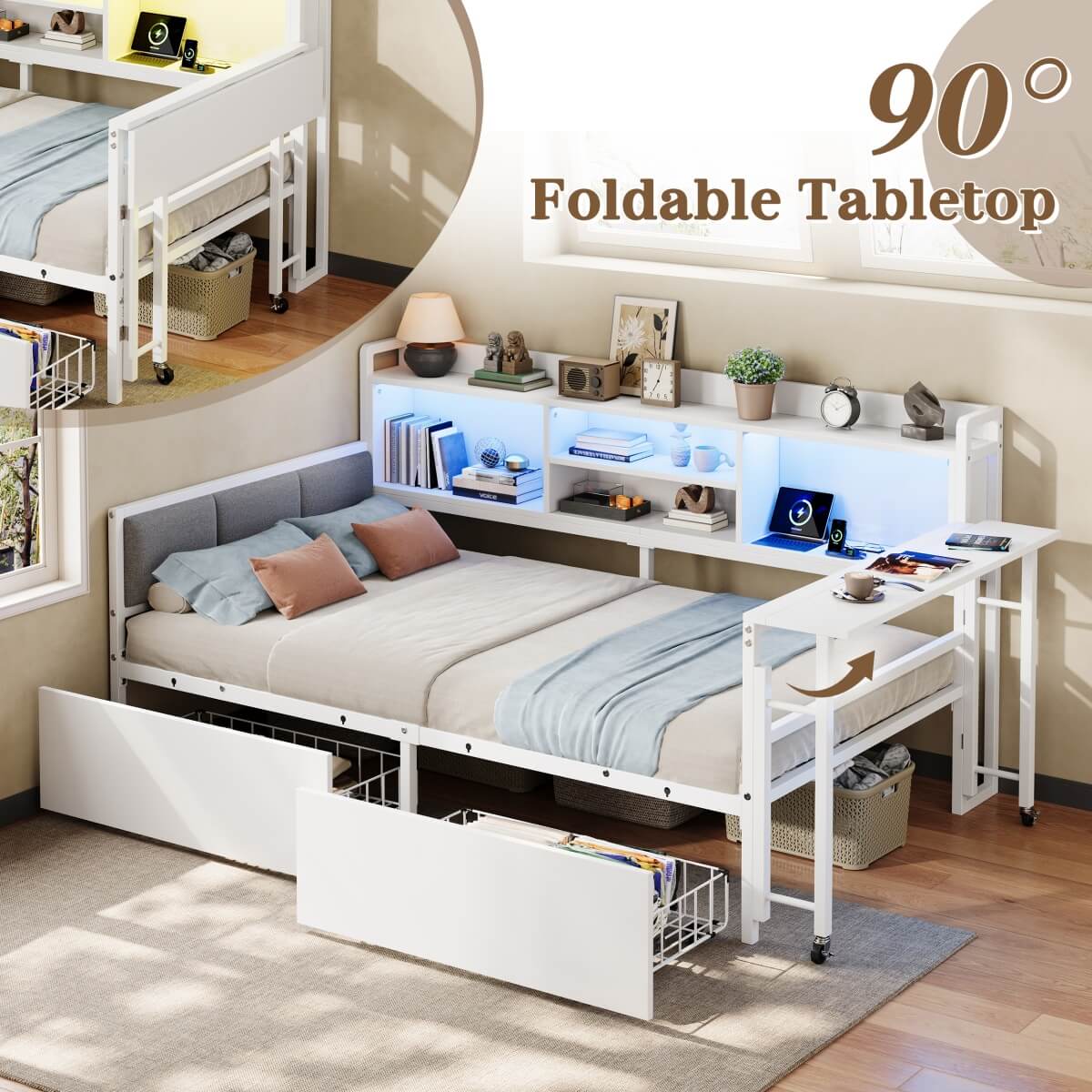 3ft Single Metal Bed Frame with Storage Drawers and Bookcase - L-Shaped Storage Bed with LED Lights, Charging Station, Linen Headboard and 90-Degree Folding Table, White