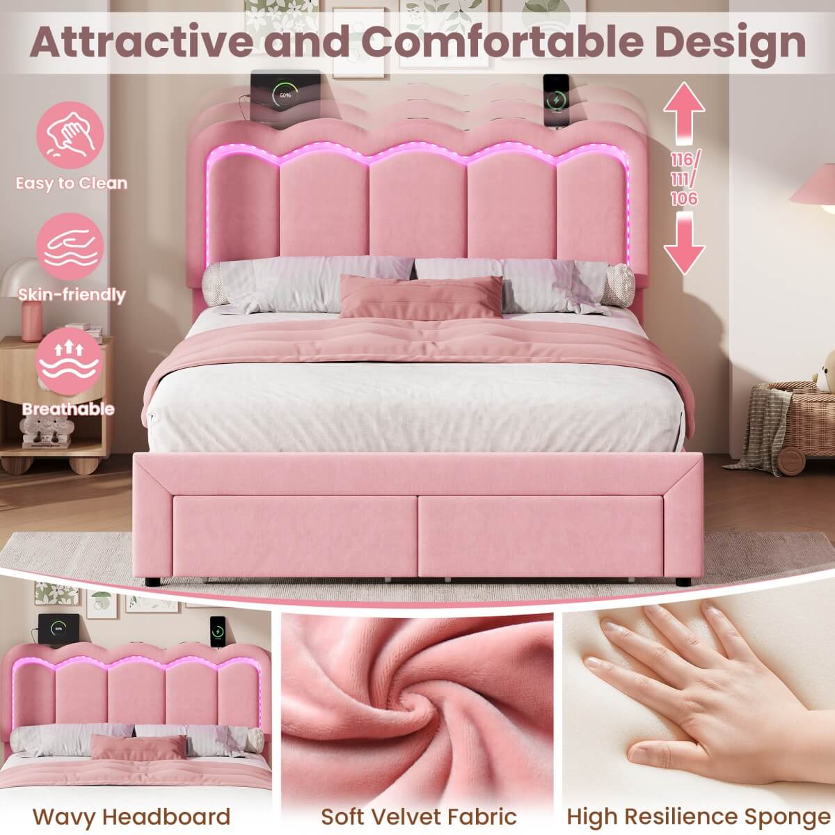 4ft6 Double Velvet Bed Frame with LED Wavy Headboard - Upholstered Bed with Storage Drawers, Charging Station, Pink