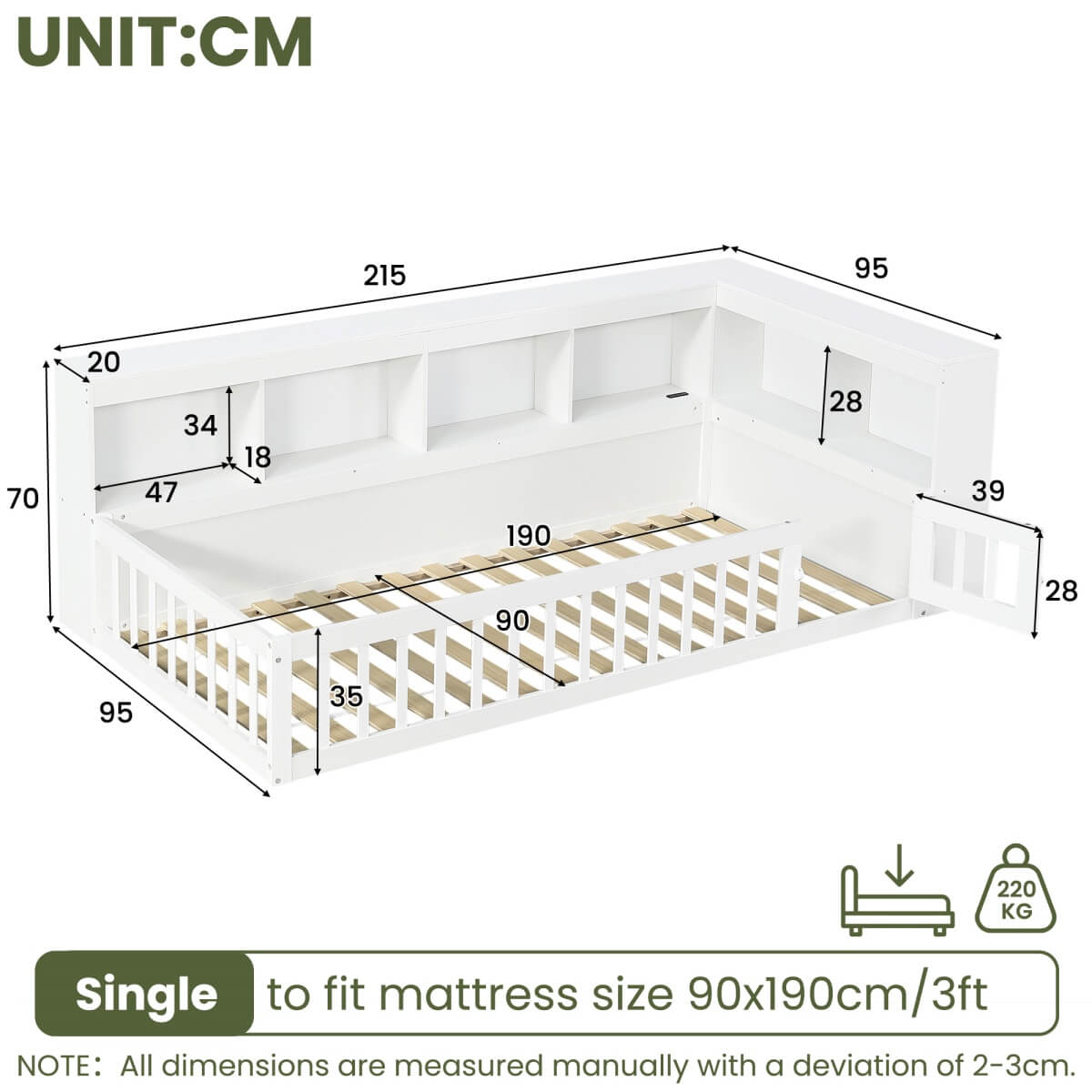 3ft Single Floor Bed Frame with Bookcase & Storage Shelves - Full Floor Bed with Guardrails, Door & USB/Type-C Ports, White