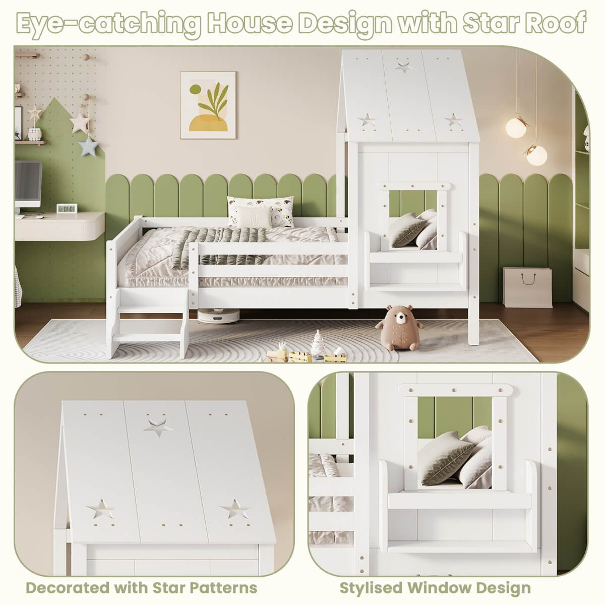 3ft Single Wooden House Bed - Star-Shaped Roof, Low-Level Stairs, Window and Built-In Bookcase, White