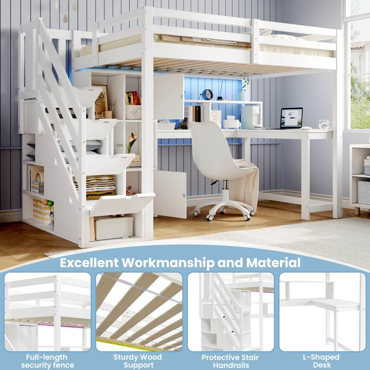 3ft Single Wooden Loft Bed with L-Shaped Desk - Kids Bed Frame with Storage Stairs, RGB LED Lights, Open Shelves and Built-In Storage Cabinet, Space-Saving Design, White