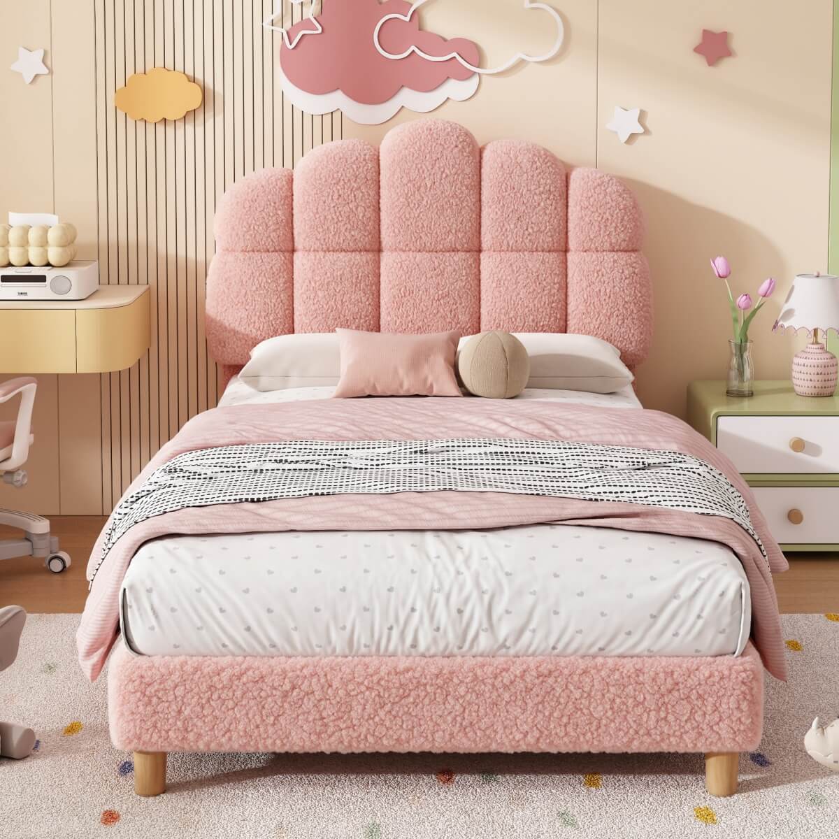 3ft Single Boucle Upholstered Bed Frame with Cloud-Shaped Headboard - Adjustable Headboard, Solid Wood Legs and Sturdy Support, No Box Spring Required, Pink