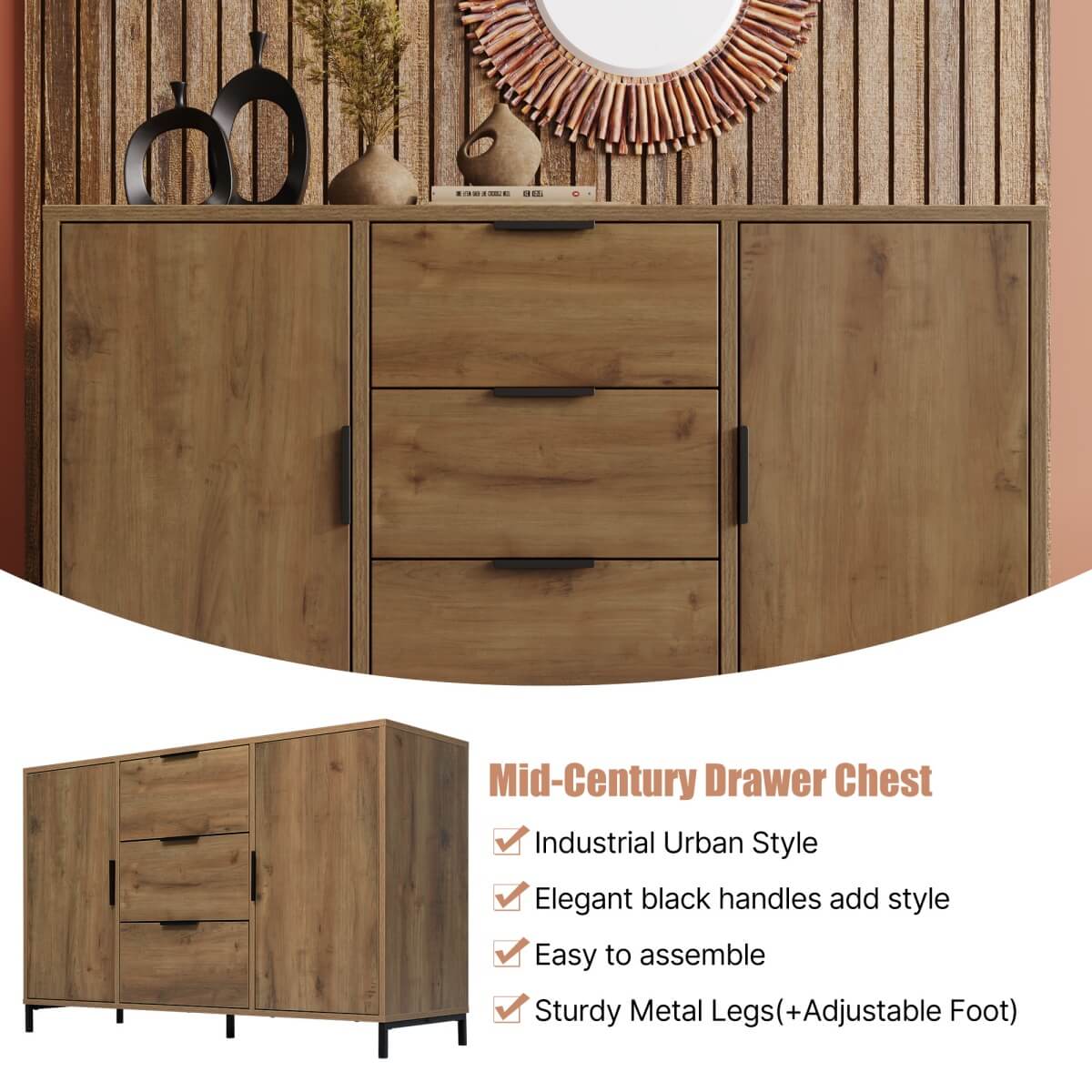 Sideboard Cabinet with 2 Doors and 3 Drawers - Storage Unit with Adjustable Shelf