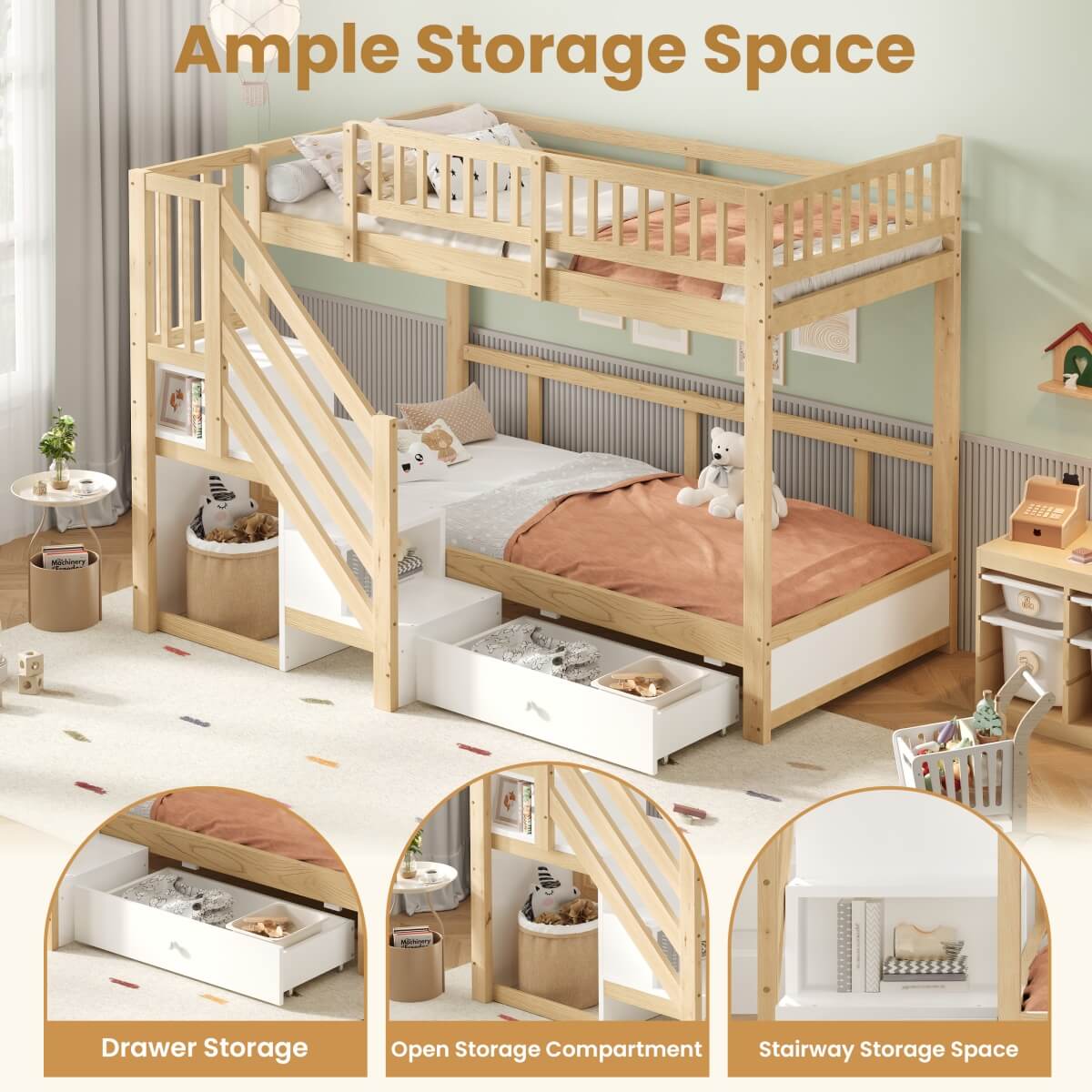 3ft Single over Single Wooden Bunk Bed - Storage Staircase with Open Compartments, Drawer Storage and Full-Length Safety Guard Rails, Natural Wood and White