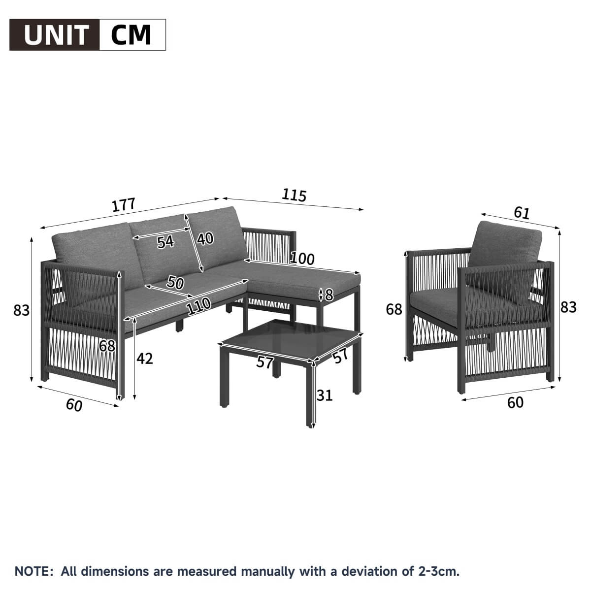 4-5 Seater Garden Sofa Set - Outdoor Patio Corner Furniture with Tempered Glass Coffee Table