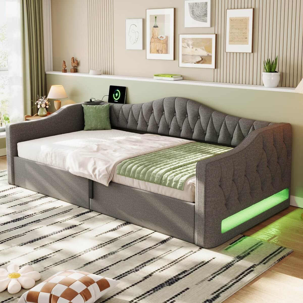 3ft Single Upholstered Ottoman Daybed - Linen Sofa Bed with Hydraulic Storage, Button-Tufted Headboard and Charging Station, Grey