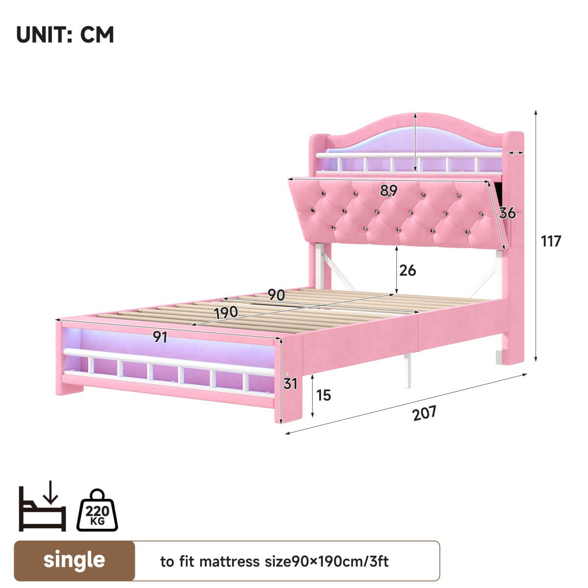 3ft Single Velvet LED Bed with Storage & Charging Station - Upholstered Pink Bed Frame