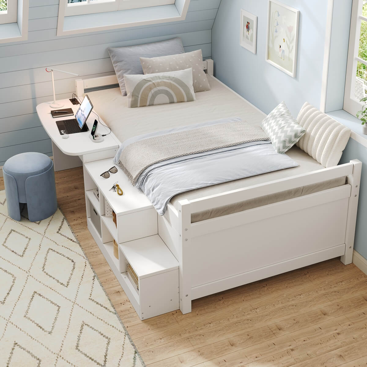 3ft Single Wooden Bed Frame with Storage - Modern Bed with Built-In Desk, Storage Compartments and USB and Type-C Charging Station, White