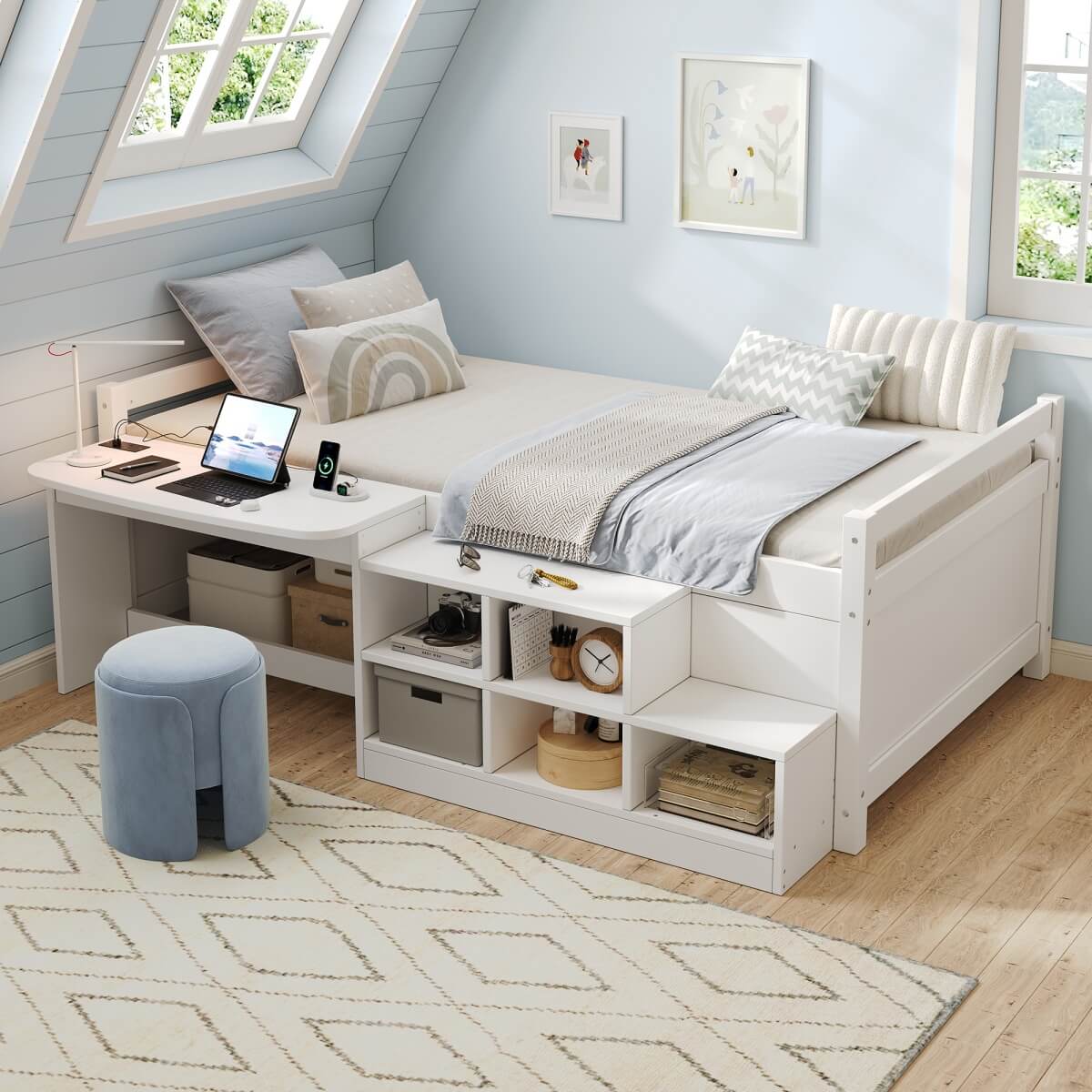 3ft Single Wooden Bed Frame with Storage - Modern Bed with Built-In Desk, Storage Compartments and USB and Type-C Charging Station, White