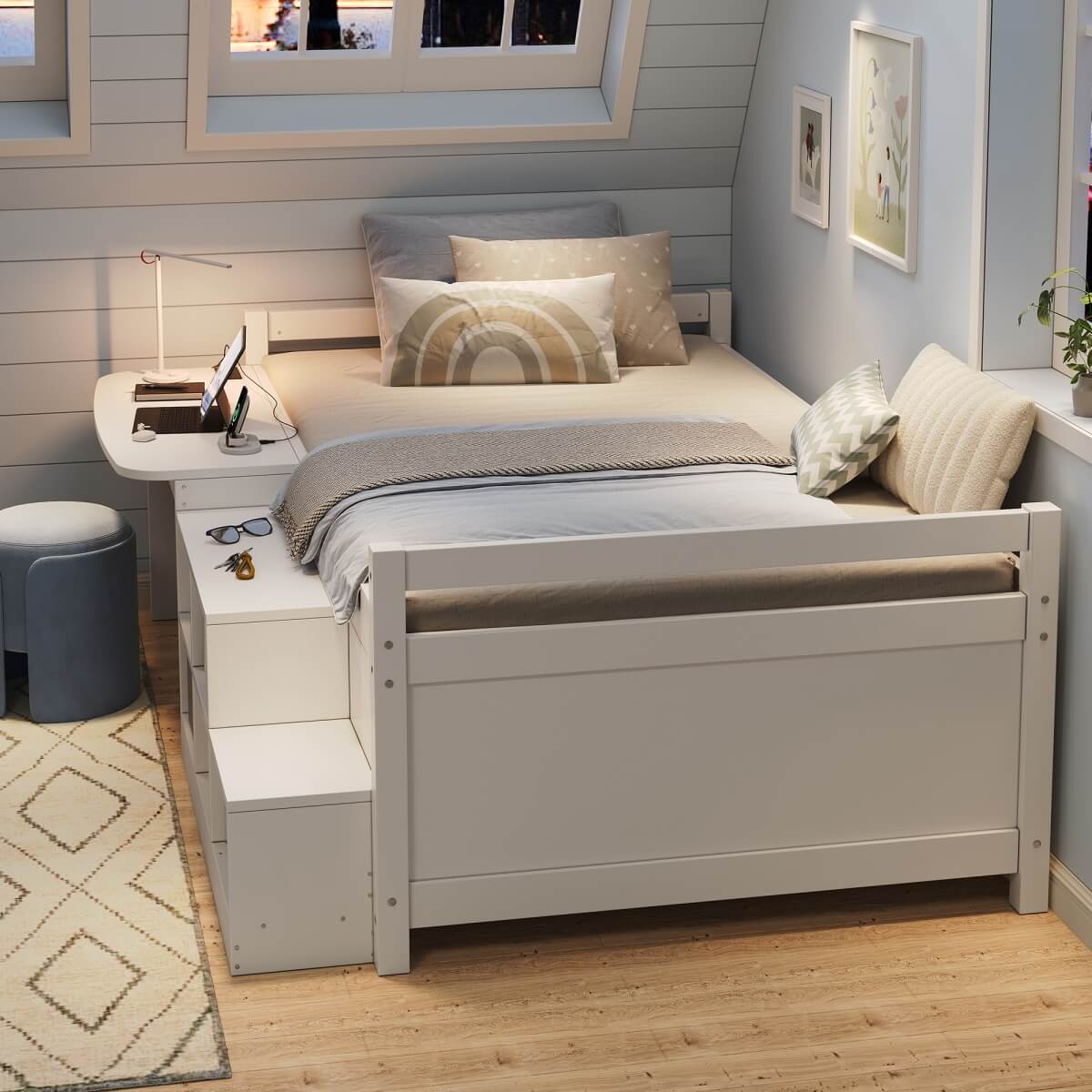 3ft Single Wooden Bed Frame with Storage - Modern Bed with Built-In Desk, Storage Compartments and USB and Type-C Charging Station, White