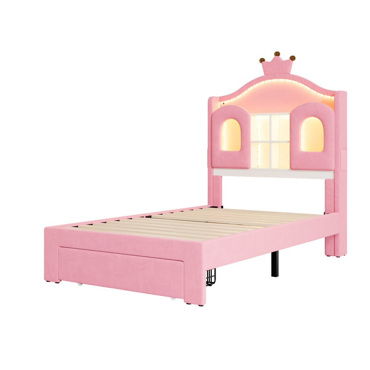 3ft Single Upholstered Storage Bed - Velvet Bed Frame with LED Headboard, Drawer Storage, USB & Type-C Charging Ports, Pink