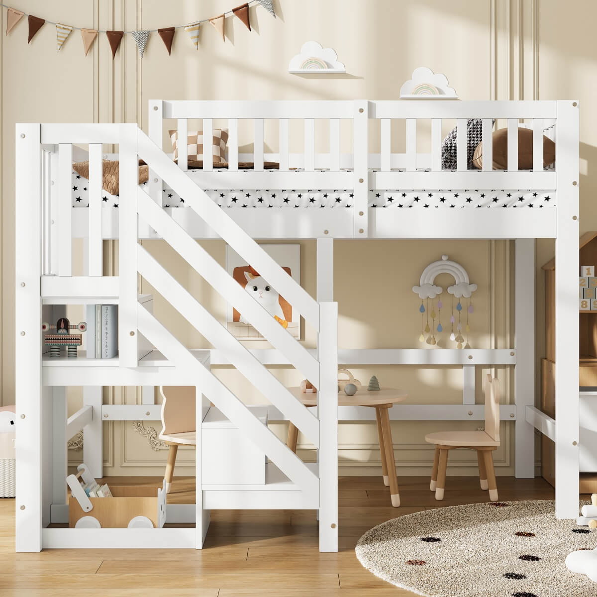 3ft Single Wooden Loft Bed - Storage Staircase with Open Compartments, Under-Bed Space and Full-Length Safety Guard Rails, White