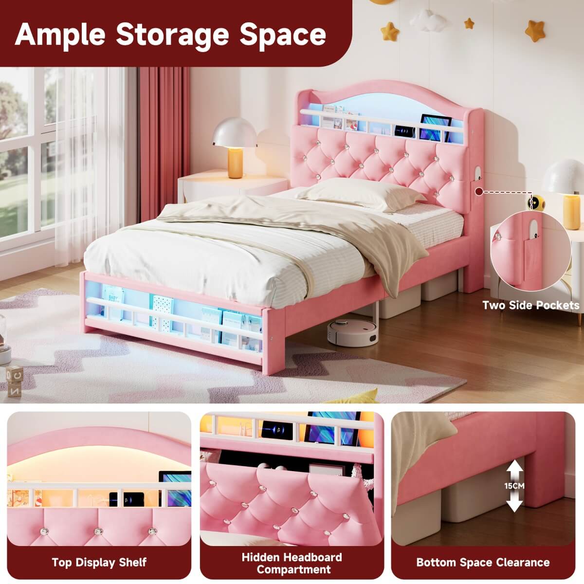 3ft Single Velvet LED Bed with Storage & Charging Station - Upholstered Pink Bed Frame