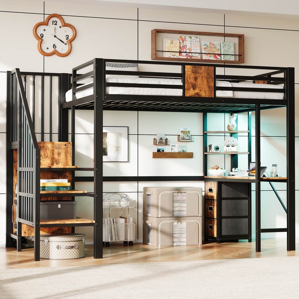 3ft Single Metal Loft Bed with LED Lights - High Sleeper Bed Frame with Built-In Desk, Charging Station, Pull-Out Fabric Storage Bins and Large Under-Bed Space, Black and Dark Walnut