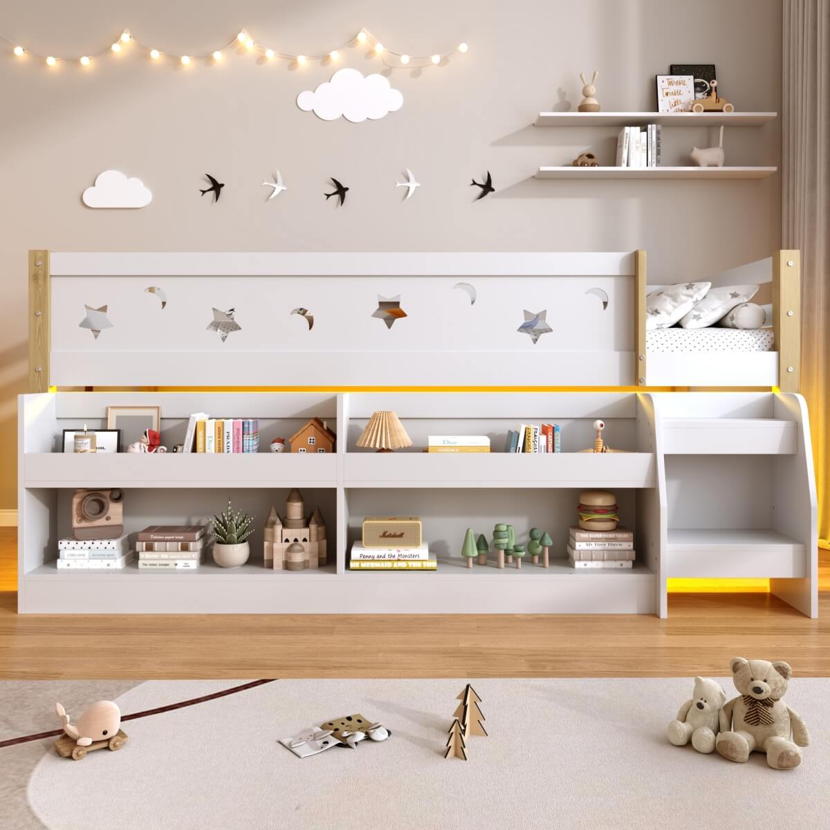 3ft Single Wooden Mid Sleeper Bed with LED Lights - Kids Bed Frame with Storage Stairs, Shelf, Under-Bed Space, Safety Guard Rails and Moon and Star Design, Natural Wood and White