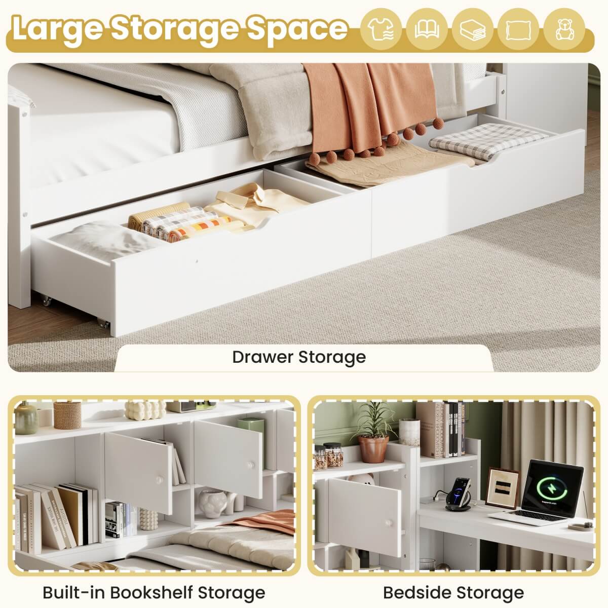3ft Single Daybed with Storage Drawers & Bookcase – White Wooden Bed Frame with Desk and Charging Station