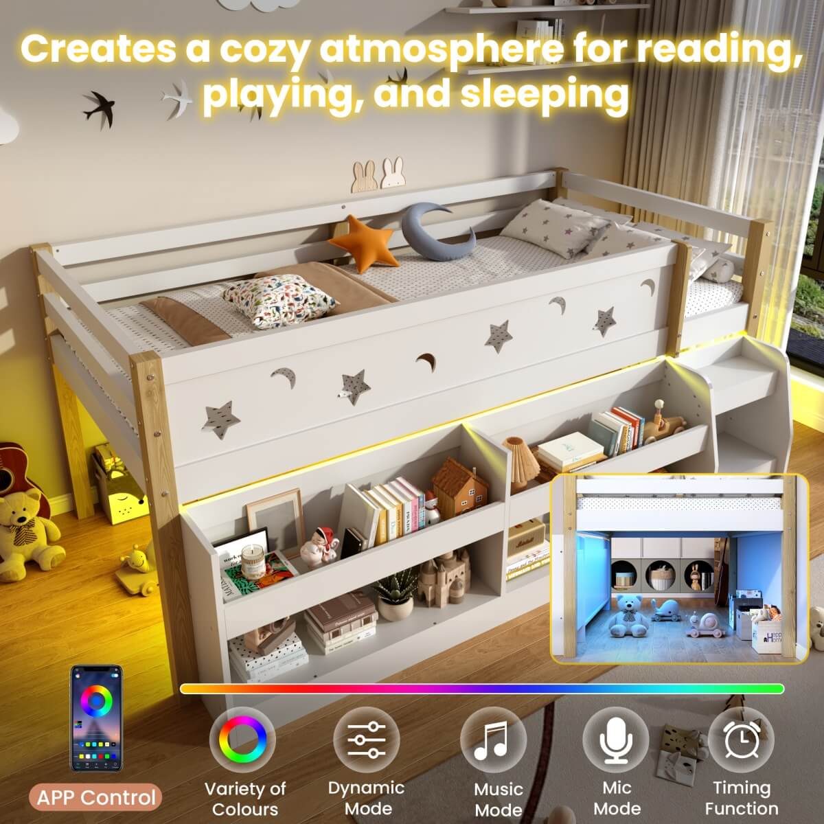 3ft Single Wooden Mid Sleeper Bed with LED Lights - Kids Bed Frame with Storage Stairs, Shelf, Under-Bed Space, Safety Guard Rails and Moon and Star Design, Natural Wood and White